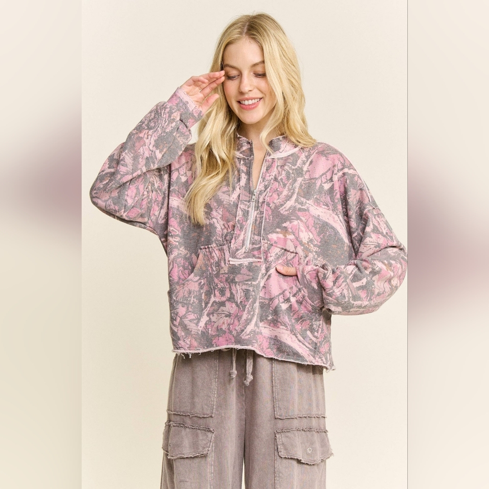 ​J. Her Pink Camo Quarter Zip Pullover Sweatshirt French Terry M Boutique